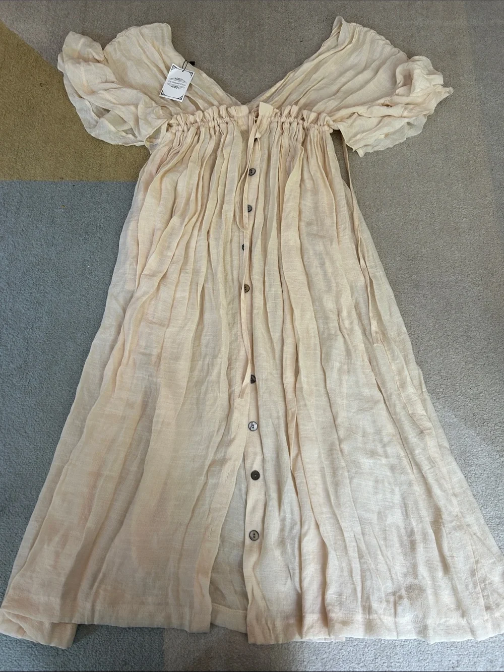 New Gauzy Cover Up Maxi Dress Button Front Deep Plunge Beige Ivory